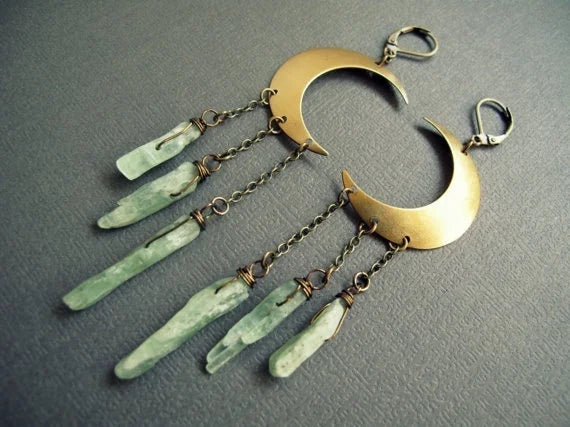 Gold Moon Green Fluorite Crystal Earrings | Green Witch Creations