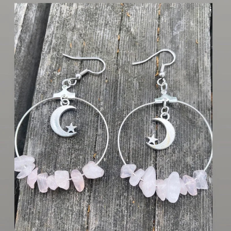 Rose Quartz Crescent Moon Silver Hoop Earrings For Sale | Green Witch Creations