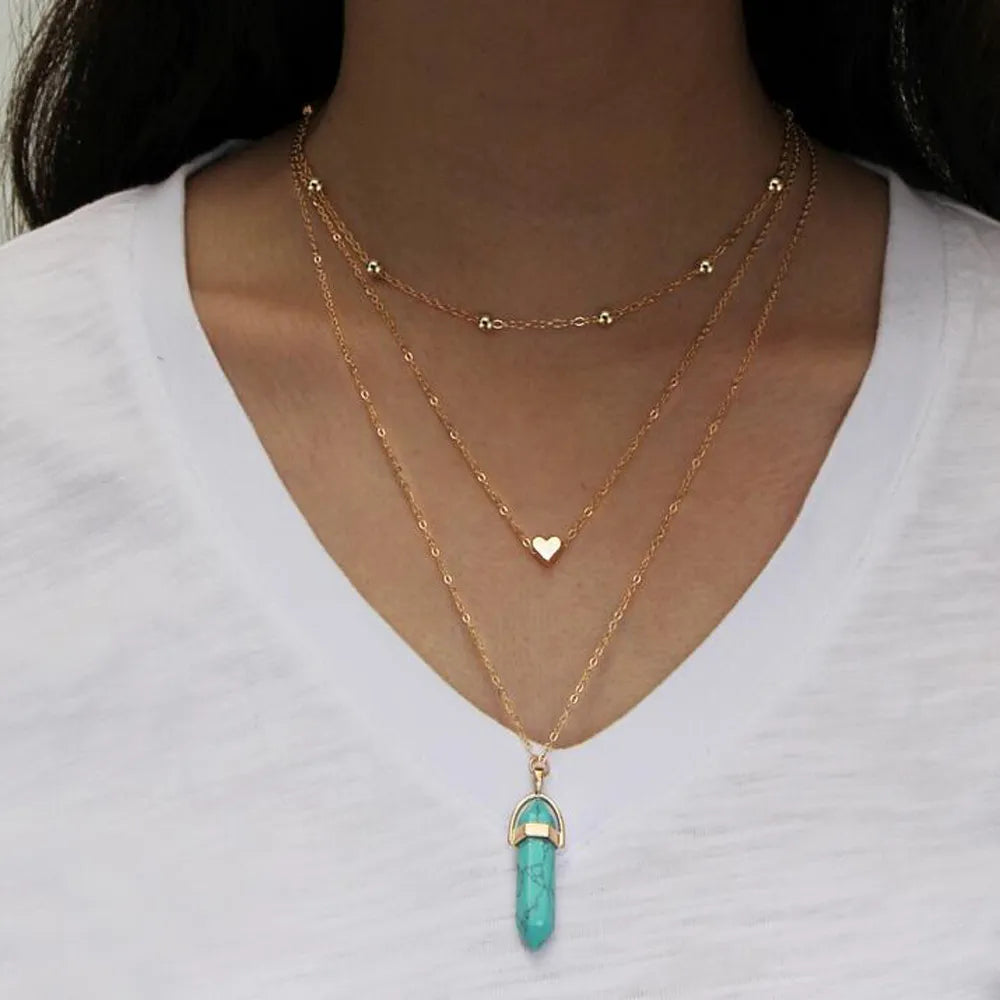 Multi Layer Choker Turquoise Crystal Heart Pendant Gold Necklace