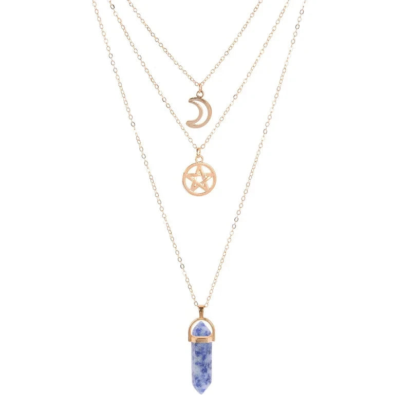 Sodalite Crystal Pentacle Moon Multi Layered Necklace | Green Witch Creations