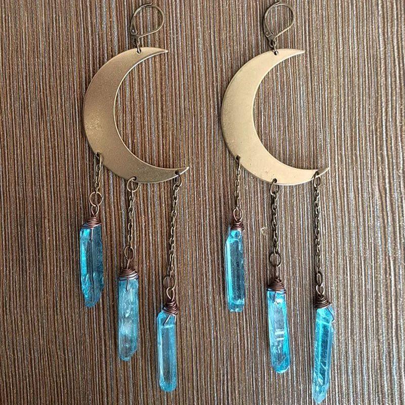 Gold Moon Blue Angel Aura Quartz Crystal Earrings | Green Witch Creations