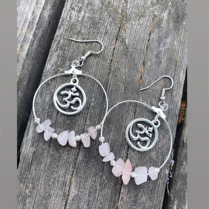 Rose Quartz & Clear Quartz OM Silver Hoop Earrings For Sale | Green Witch Creations