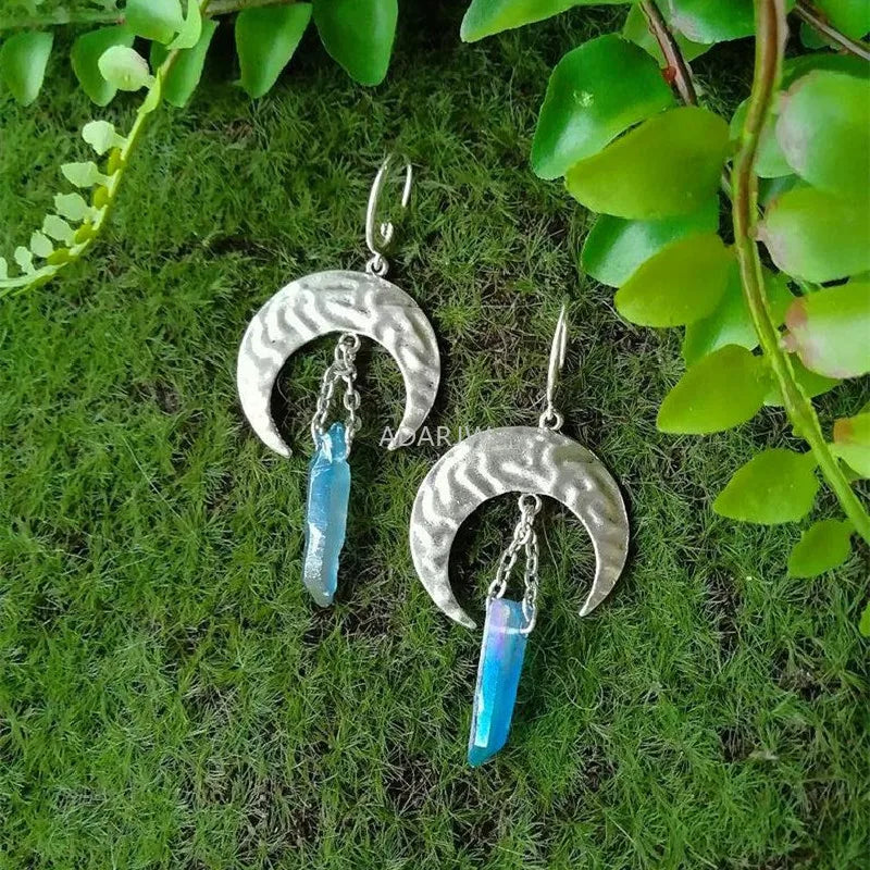 Aqua Aura Quartz Crescent Silver Moon Earrings For Sale | Green Witch Creations