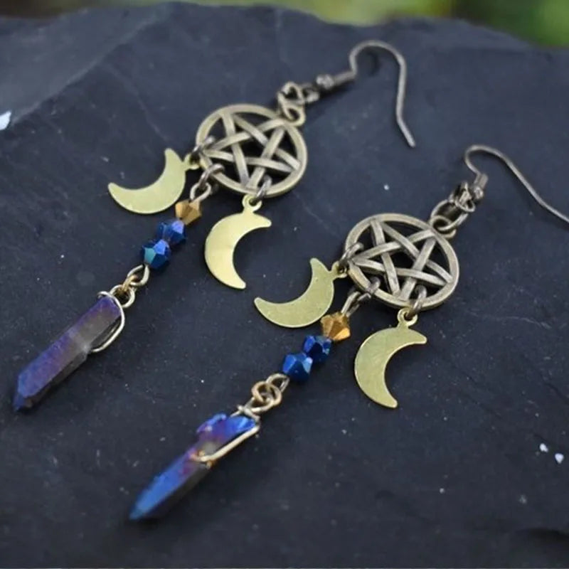 Rainbow Hematite Crystal Pentacle Moon Earrings | Green Witch Creations