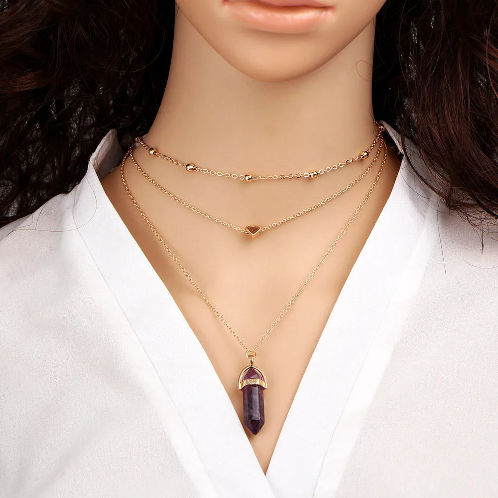 Multi Layer Choker Amethyst Crystal Heart Pendant Gold Necklace