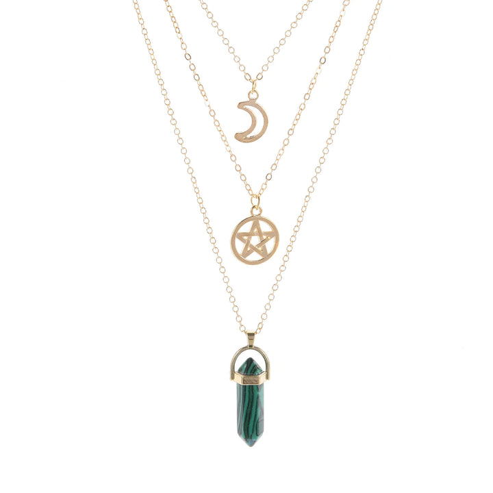 Malachite Crystal Pentacle Moon Multi Layered Necklace | Green Witch Creations