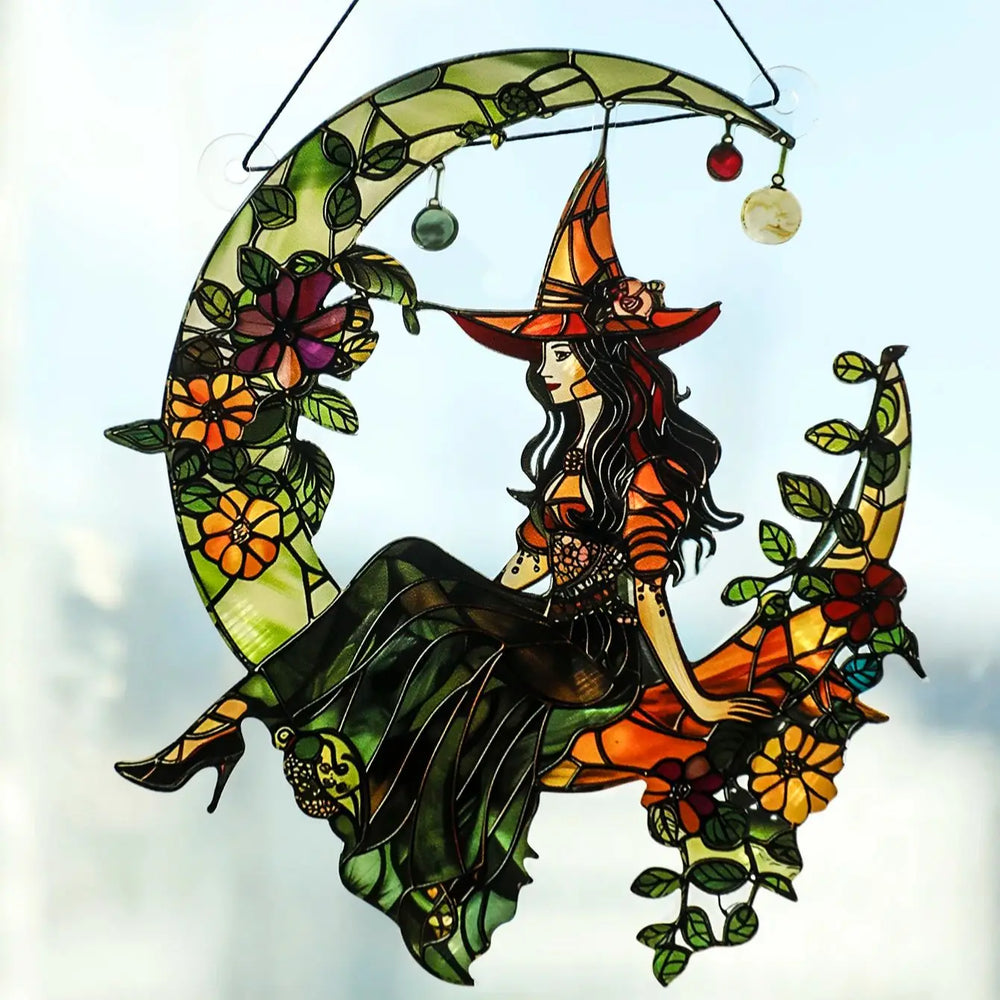 Halloween Green Witch Moon Window Suncatcher