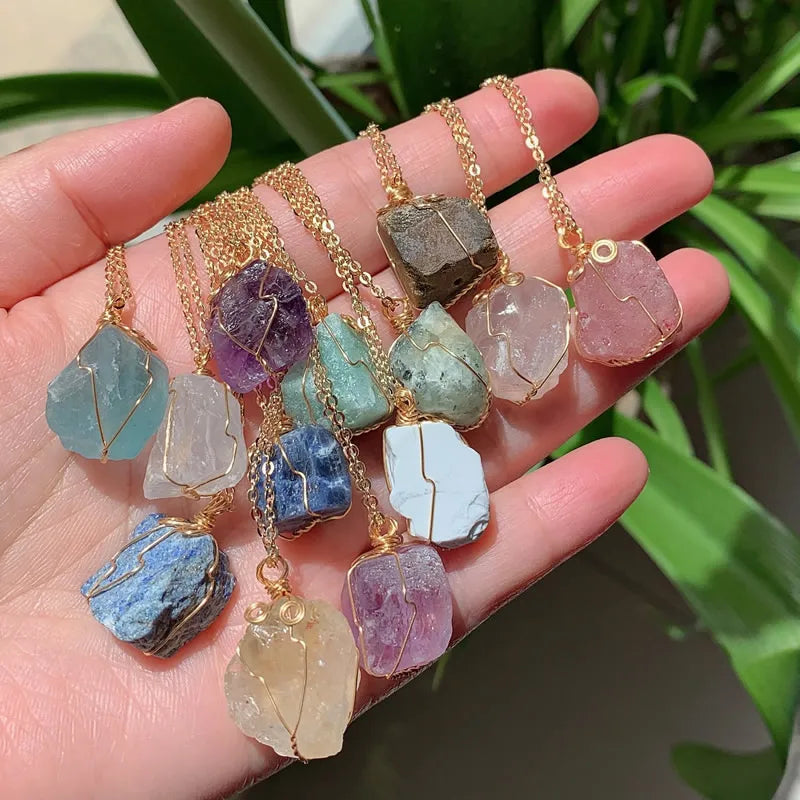 Handmade Crystal Wire Wrap Gold Necklaces
