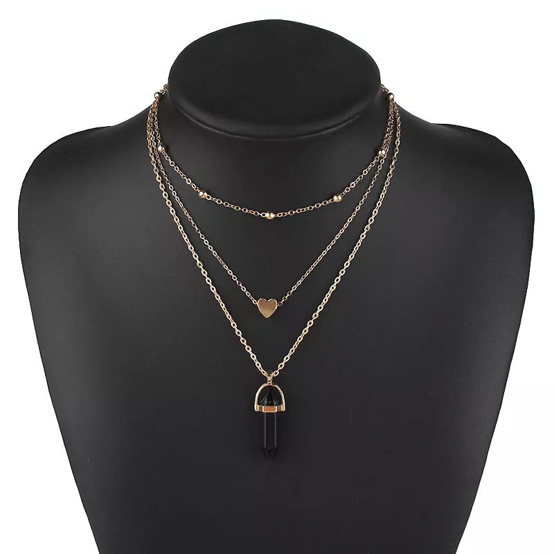 Multi Layer Choker Onyx Crystal Heart Pendant Gold Necklace