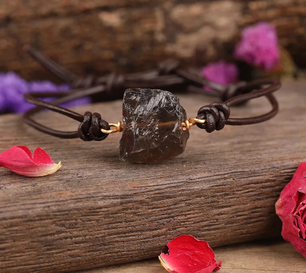 Smoky Quartz Raw Crystal Leather Bracelet | Green Witch Creations