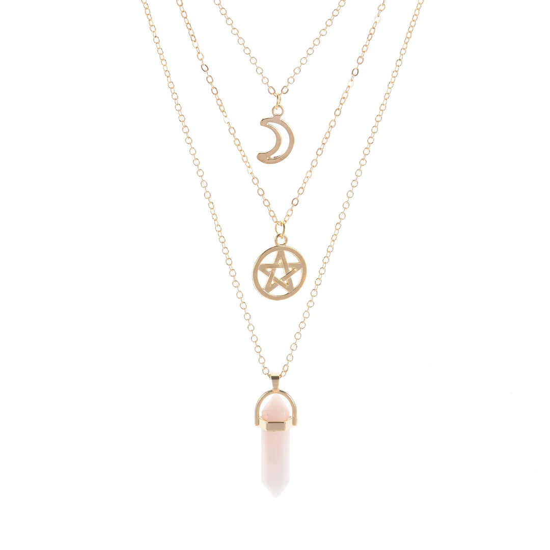 Rose Quartz Crystal Pentacle Moon Multi Layered Necklace | Green Witch Creations