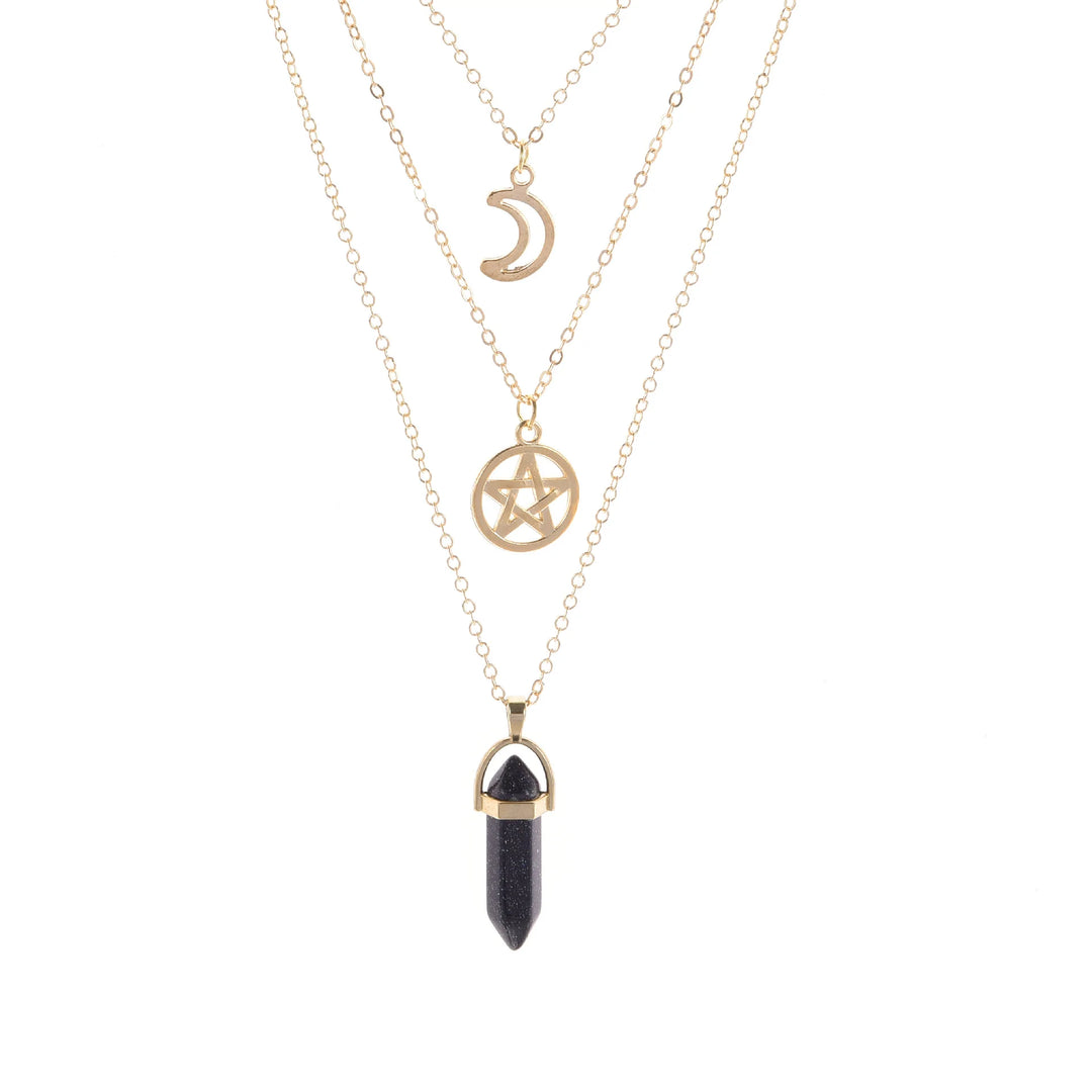 Blue Sandstone Crystal Pentacle Moon Multi Layered Necklace | Green Witch Creations