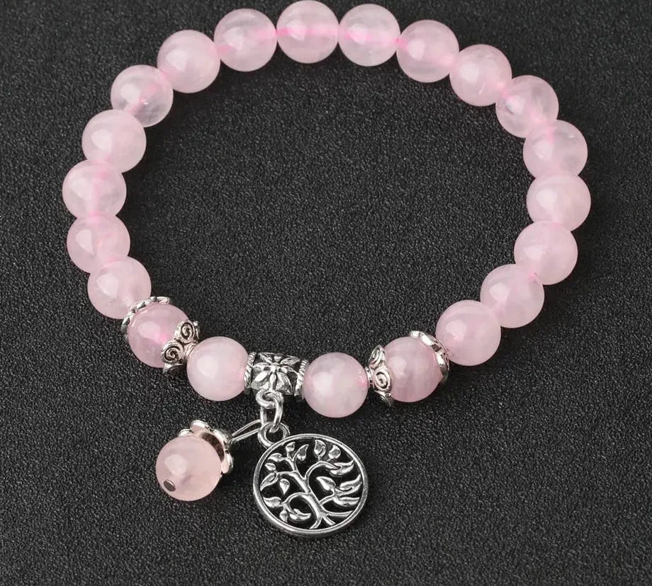 Rose Quartz Tree of Life Charm Stone Bead Bracelet | Green Witch Creations