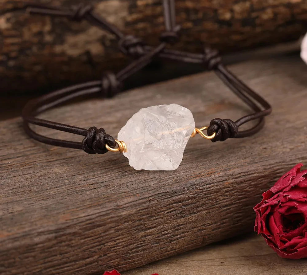 Clear Quartz Raw Crystal Leather Bracelet | Green Witch Creations