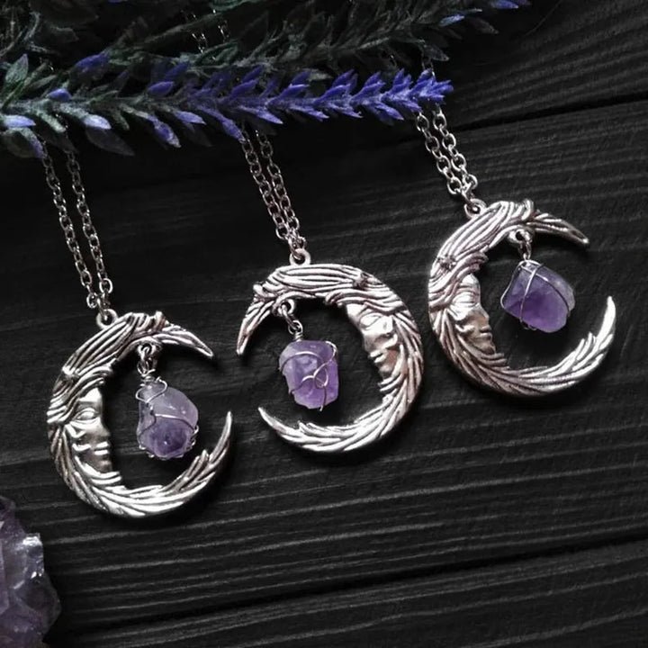 Amethyst Crescent Moon Face Necklace | Green Witch Creations