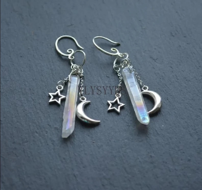 Angel Aura Quartz Crescent Silver Moon Earrings For Sale | Green Witch Creations