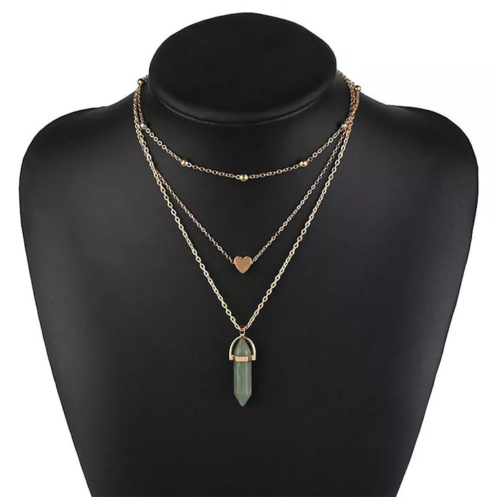 Multi Layer Choker Green Aventurine Crystal Heart Pendant Gold Necklace