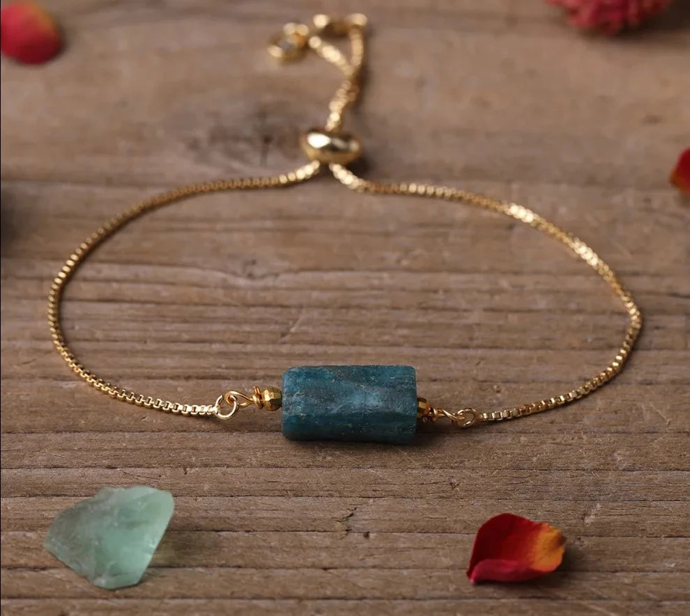 Blue Apatite Chunky Stone Gold Chain Adjustable Bracelet For Sale | Green Witch Creations
