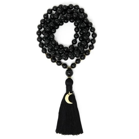 Black Tourmaline Moon Charm Prayer Bead Necklace | Green Witch Creations