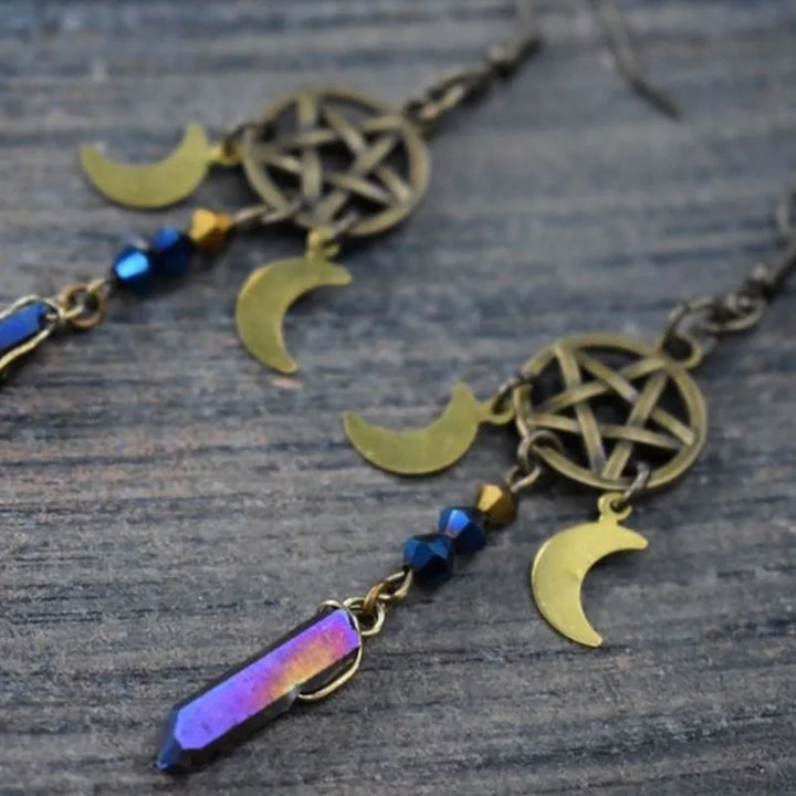 Rainbow Hematite Crystal Pentacle Moon Earrings | Green Witch Creations