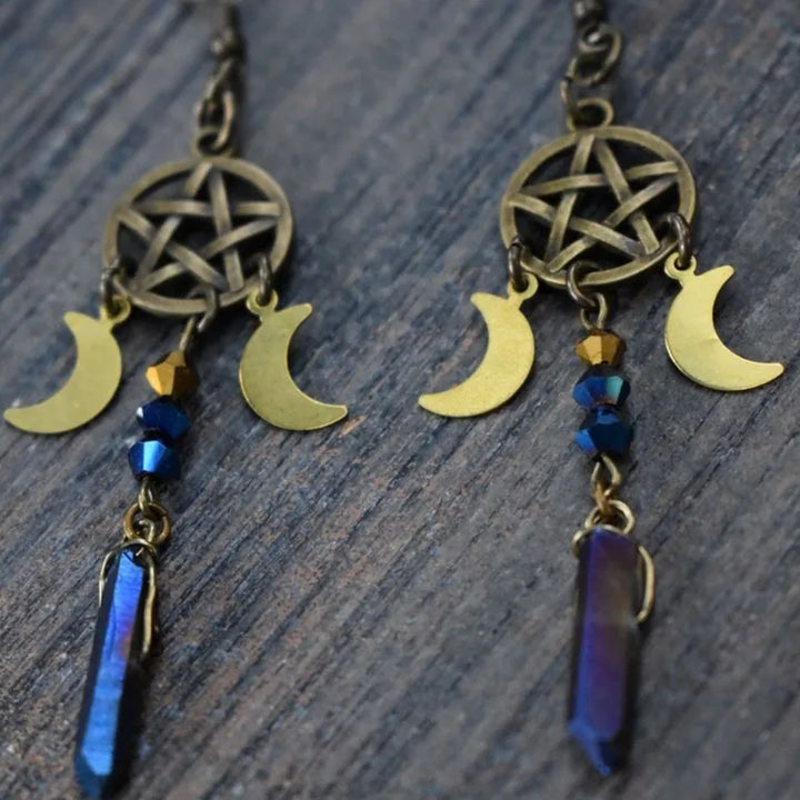 Rainbow Hematite Crystal Pentacle Moon Earrings | Green Witch Creations