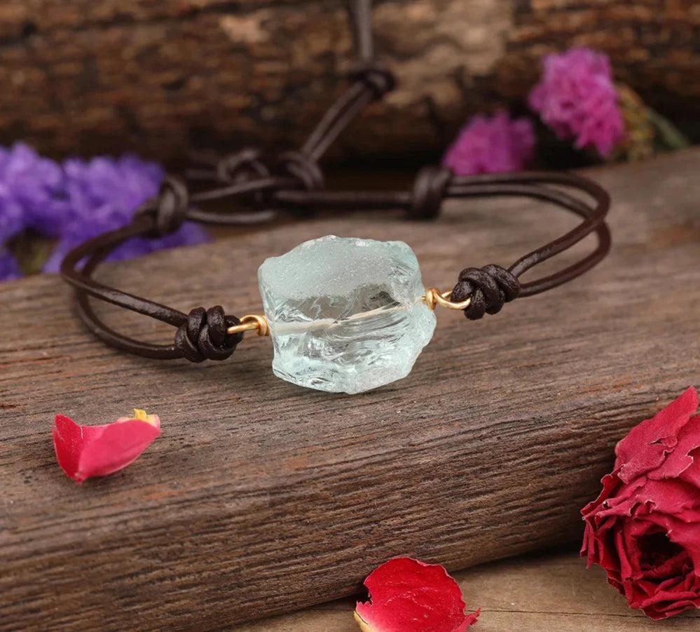 Aquamarine Raw Crystal Leather Bracelet | Green Witch Creations