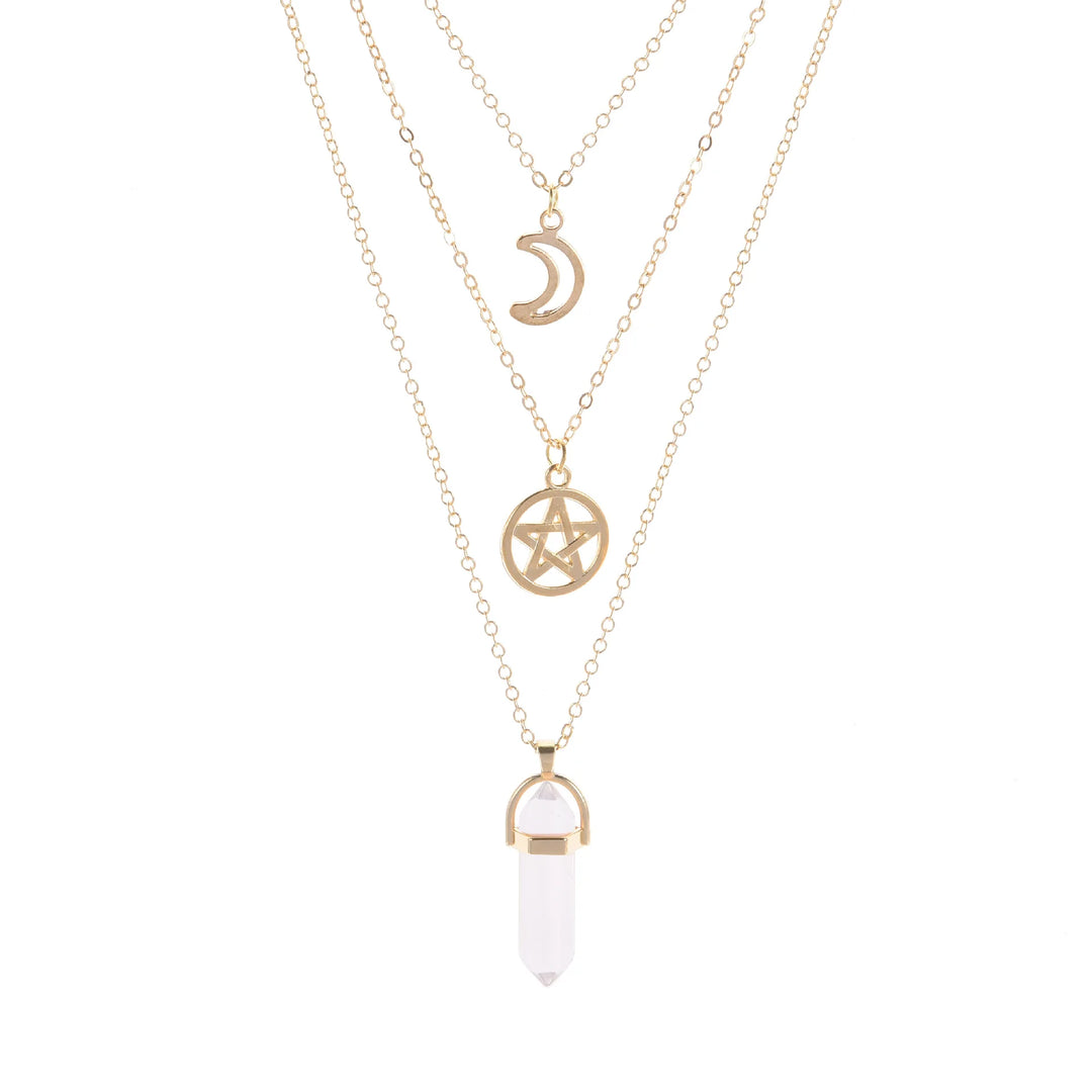 Clear Quartz Crystal Pentacle Moon Multi Layered Necklace | Green Witch Creations