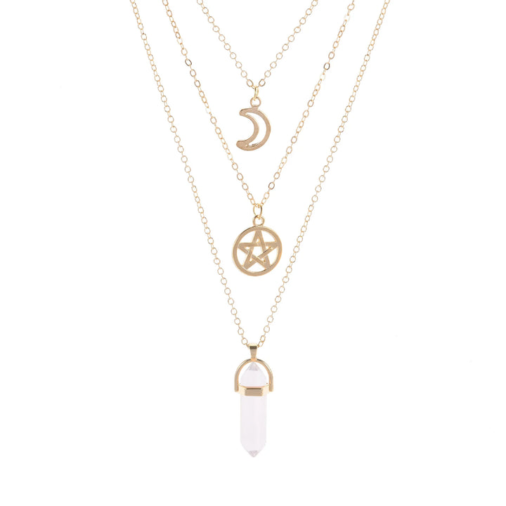 Clear Quartz Crystal Pentacle Moon Multi Layered Necklace | Green Witch Creations