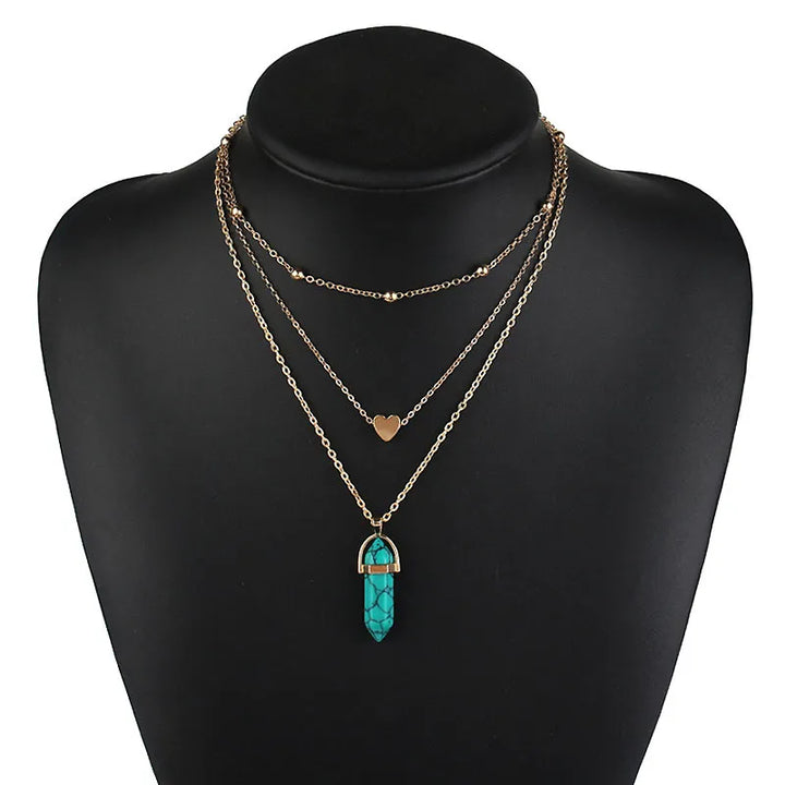 Multi Layer Choker Turquoise Crystal Heart Pendant Gold Necklace