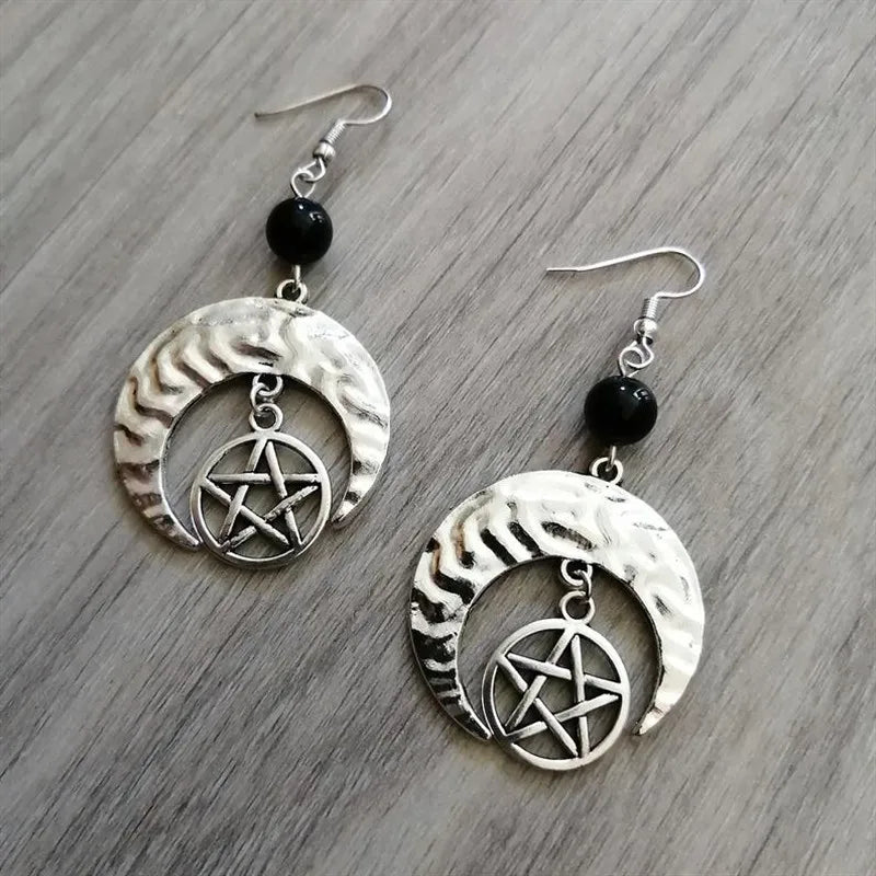 Onyx Pentacle Crescent Moon Silver Earrings For Sale | Green Witch Creations