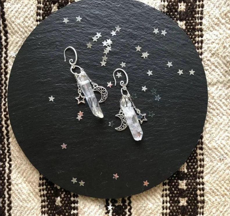 Clear Quartz Crescent Silver Moon Earrings For Sale | Green Witch Creations