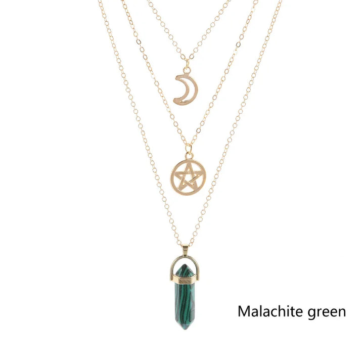 Malachite Crystal Pentacle Moon Multi Layered Necklace | Green Witch Creations