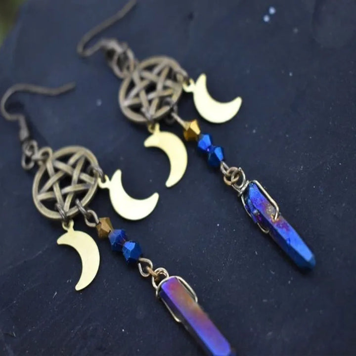 Rainbow Hematite Crystal Pentacle Moon Earrings | Green Witch Creations