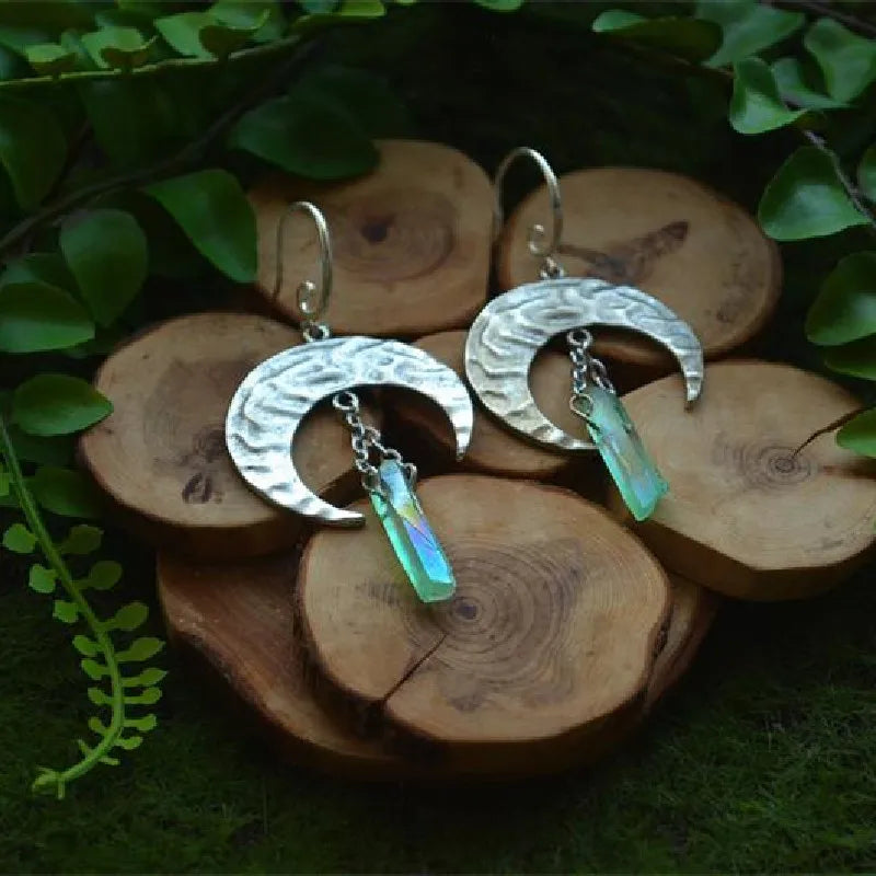 Green Aura Quartz Crescent Silver Moon Earrings For Sale | Green Witch Creations