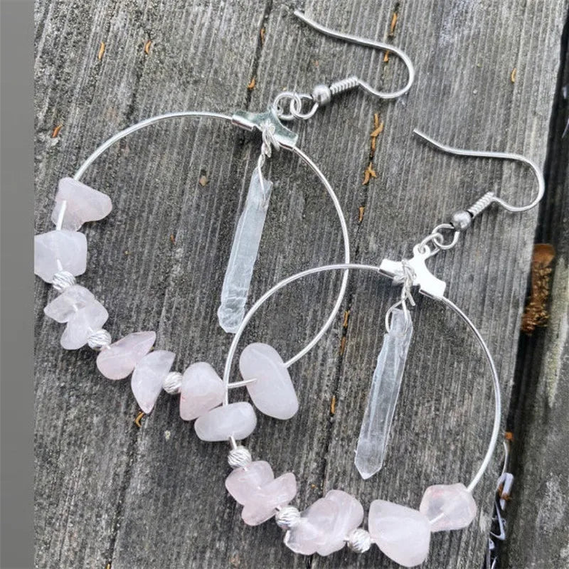 Rose Quartz & Clear Quartz Silver Hoop Earrings For Sale | Green Witch Creations