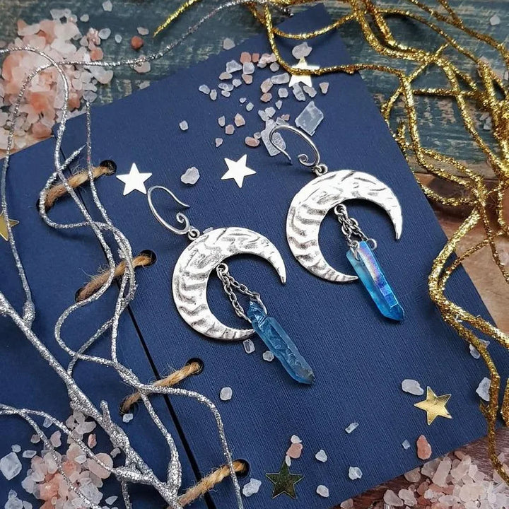 Aqua Aura Quartz Crescent Silver Moon Earrings For Sale | Green Witch Creations