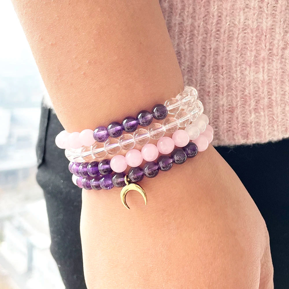 Rose Quartz, Clear Quartz, & Amethyst Bead Mala Prayer Bracelet | Green Witch Creations