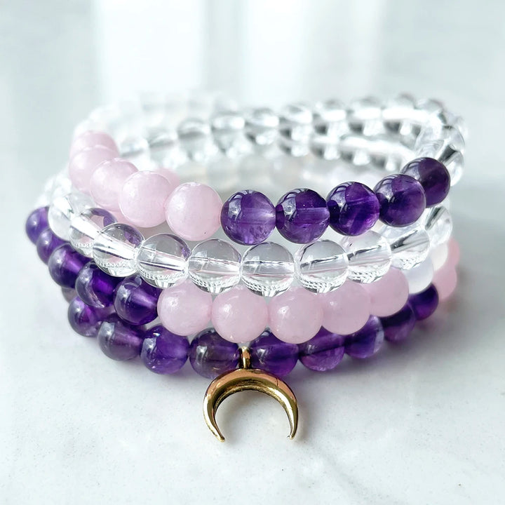 Rose Quartz, Clear Quartz, & Amethyst Bead Mala Prayer Bracelet | Green Witch Creations