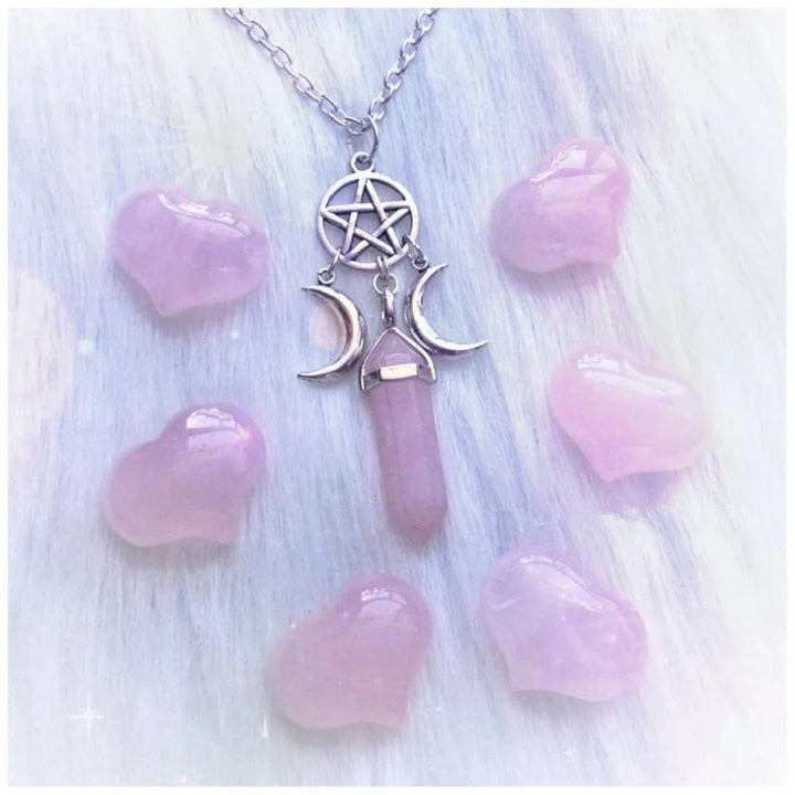 Rose Quartz Pentacle Triple Goddess Moon Crystal Point Necklace | Green Witch Creations