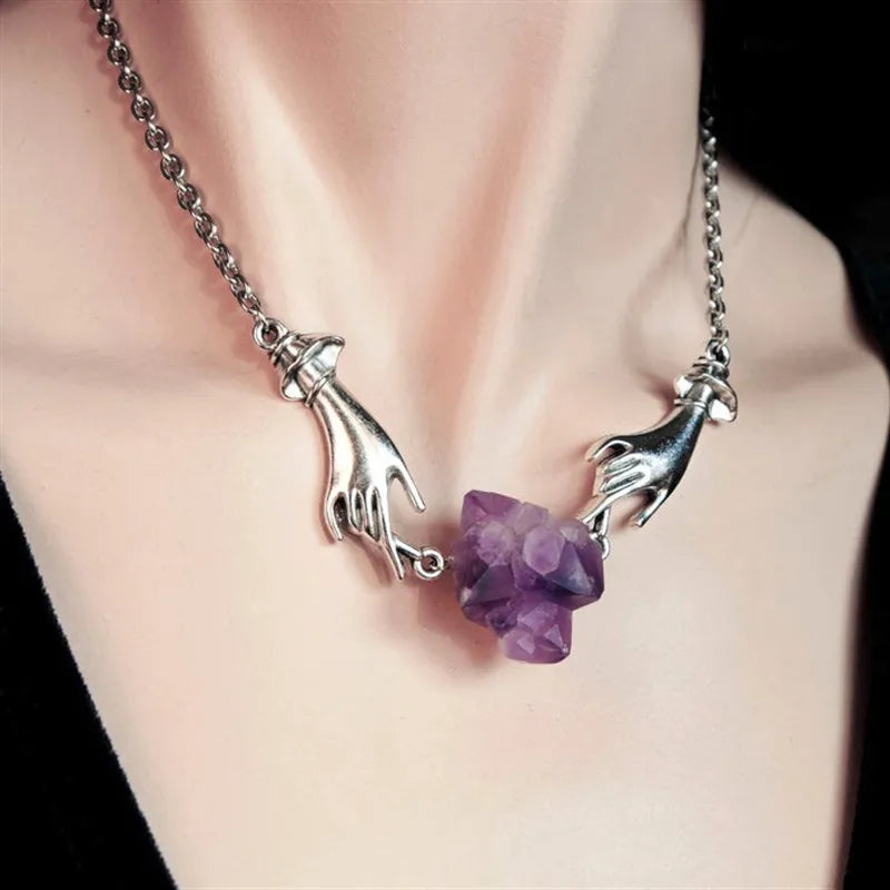 Amethyst Witchy Chain Hand Crystal Choker Necklace | Green Witch Creations