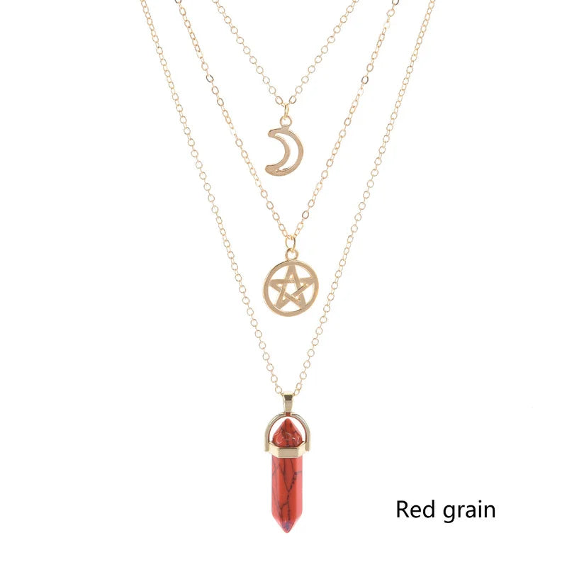 Red Jasper Crystal Pentacle Moon Multi Layered Necklace | Green Witch Creations