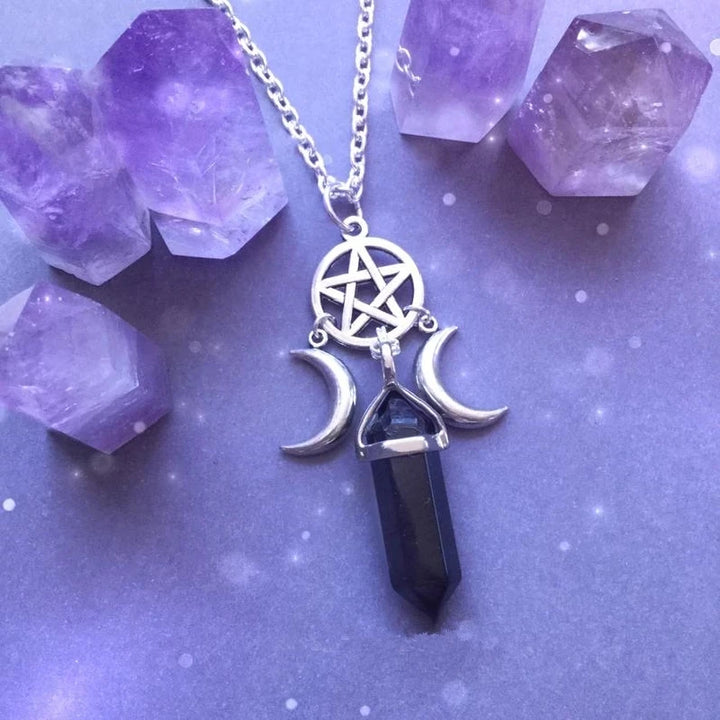 Onyx Pentacle Triple Goddess Moon Crystal Point Necklace | Green Witch Creations