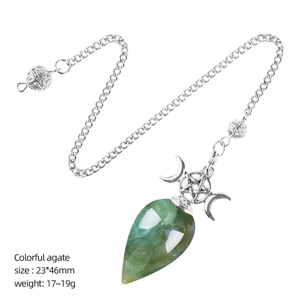 Indian Agate Triple Moon Pentacle Teardrop Pendulum