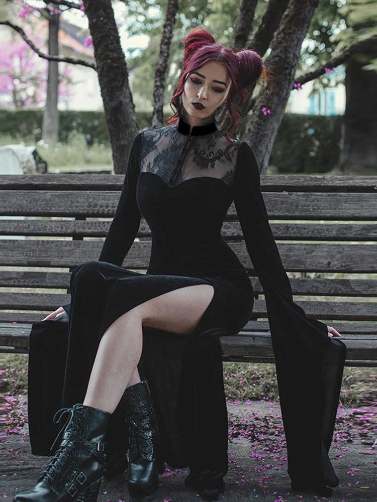 Buy Gothic Lace Velvet Dress, Goth Clothing, & Alt Clothing Black / L