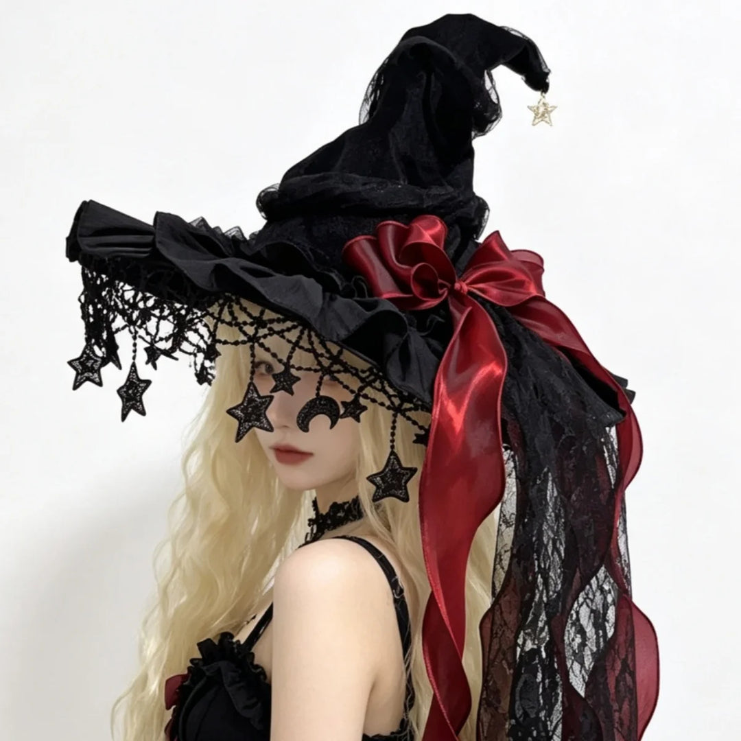 Lace Velvet Witch Hat - Red