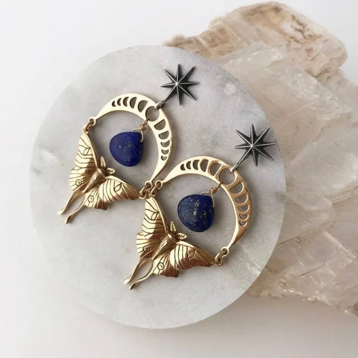 Lapis Lazuli Moon Phase Gold Butterfly Earrings