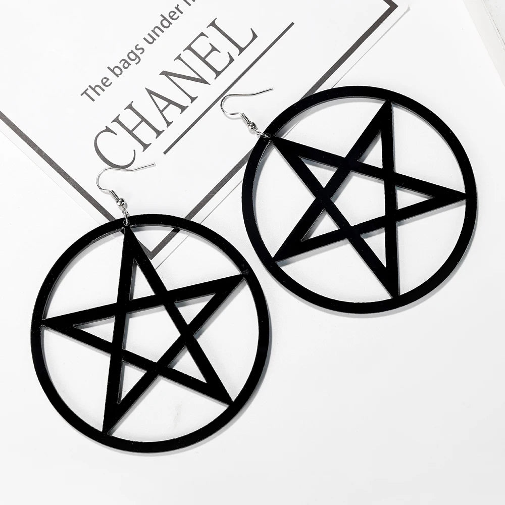 Large Black Pentacle Earrings