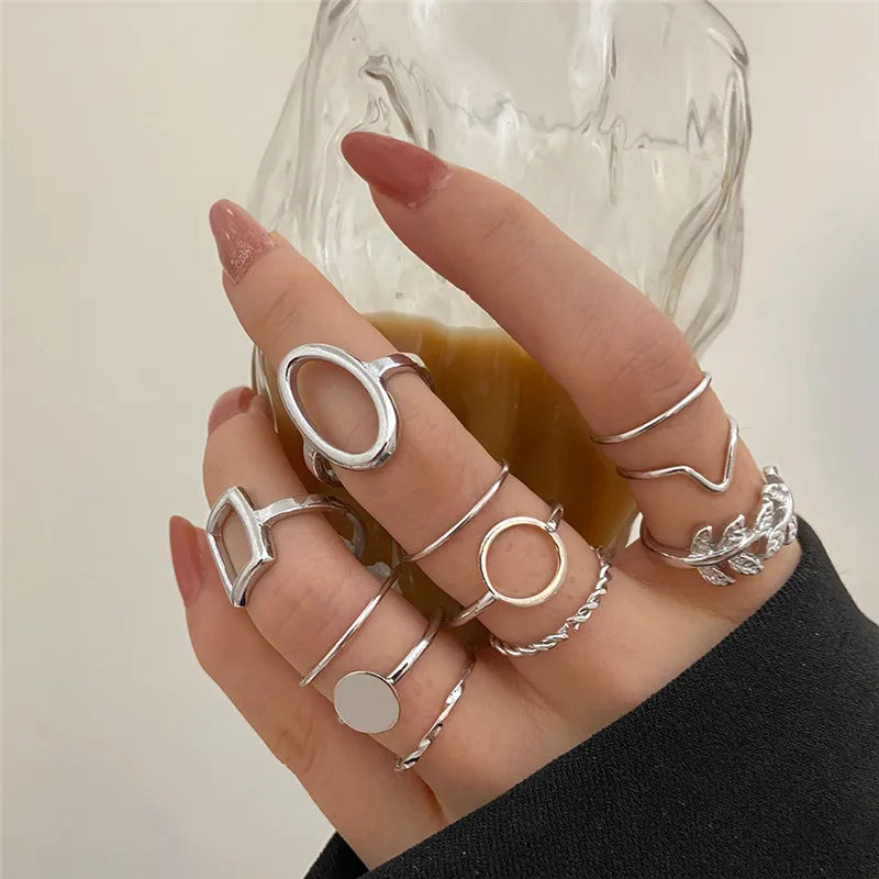 Leaf Circle Silver Ring Set