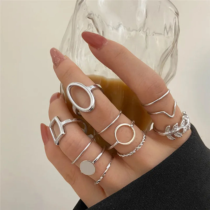 Leaf Circle Silver Ring Set