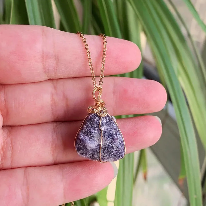 Lepdolite Wire Wrap Gold Necklace